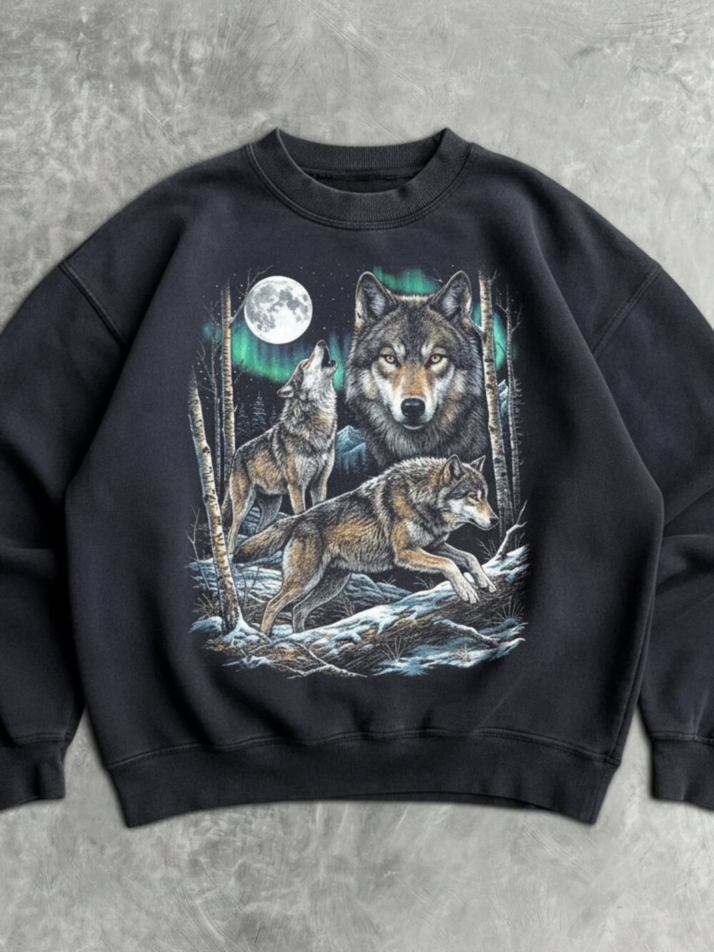 90s Wolf Pack Moon Aurora Graphic Sweatshirt | Vintage Nature Crewneck